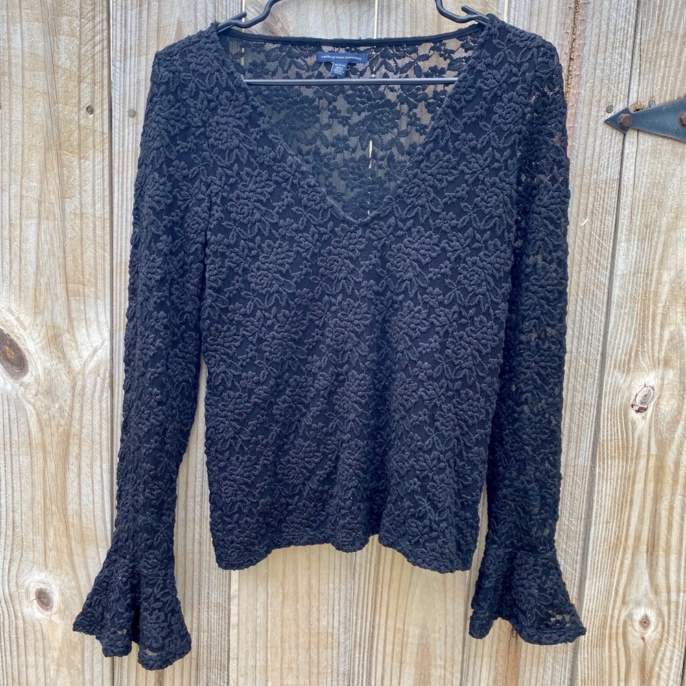 American Eagle Black Lace Bell Sleeve Top